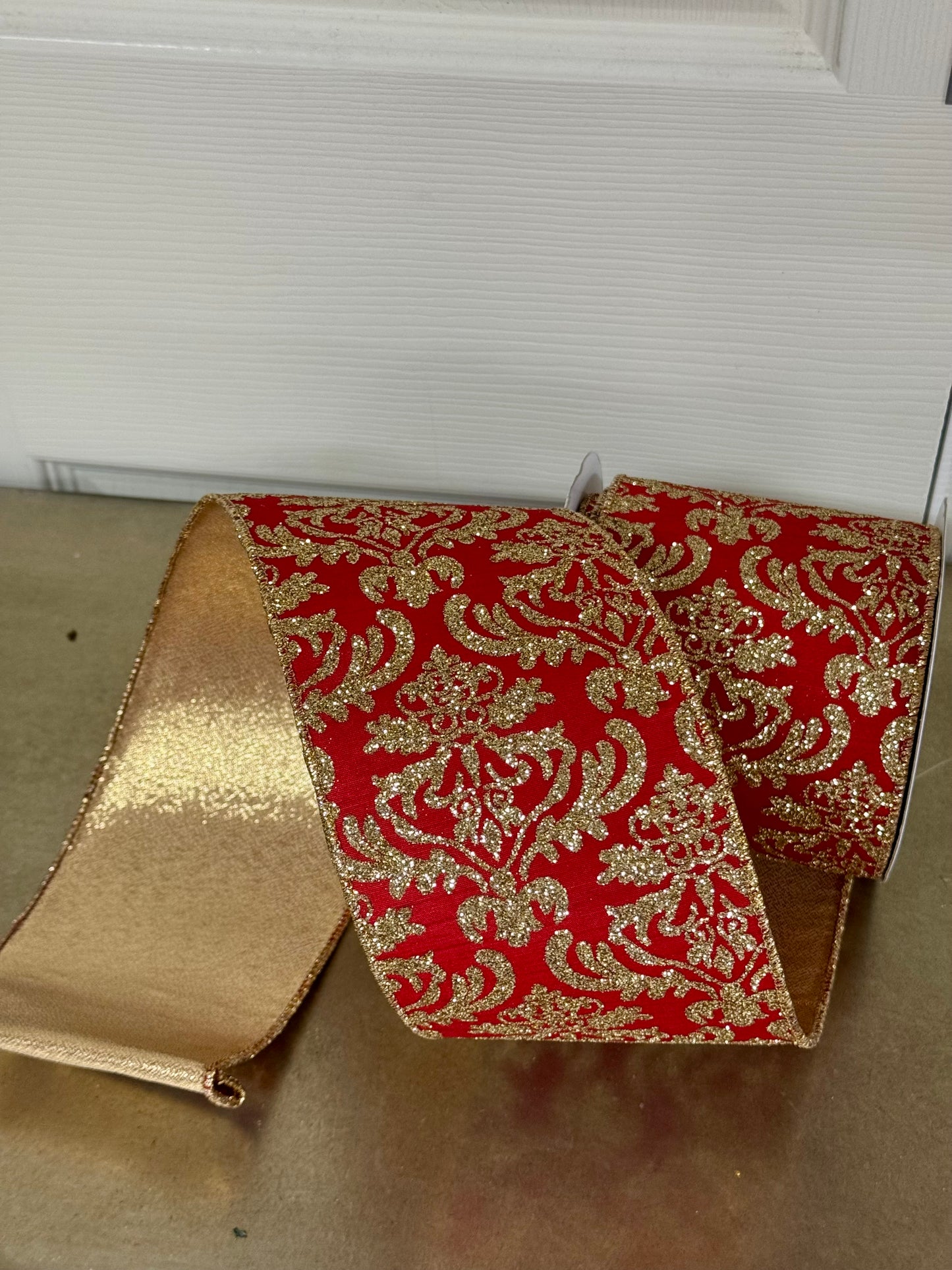 4 Inch By 10 Yard Red And Light Gold Damask Metallic Fused Ribbon