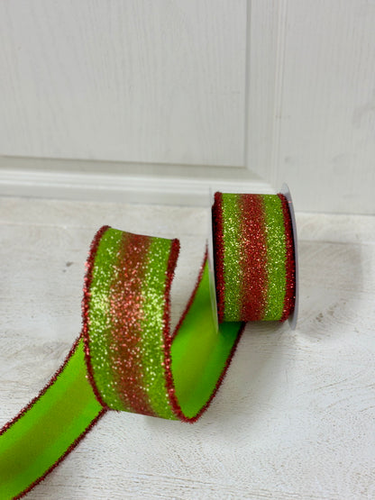 2.5 Inch By 10 Yard Red And Lime Gradient Glitter With Red Tinsel Edging Ribbon