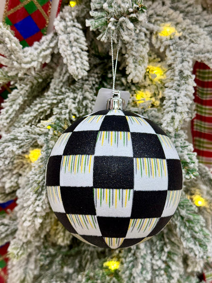 4 Inch Black And White Check Glitter Ornament