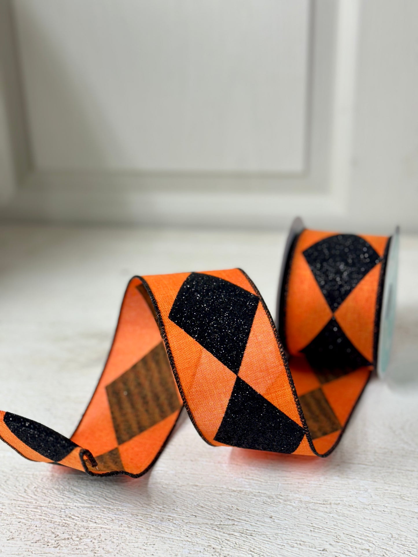 2.5 Inch By 10 Yard Orange And Black Bold Harlequin Ribbon