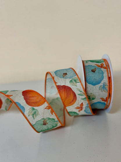 1.5 Inch By 10 Yard Natural Background With Orange Blue And Teal Pumpkins Ribbon