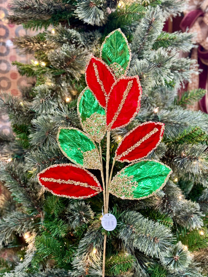 27.5 Inch Red And Green Metallic Velvet Magnolia Leaf Spray