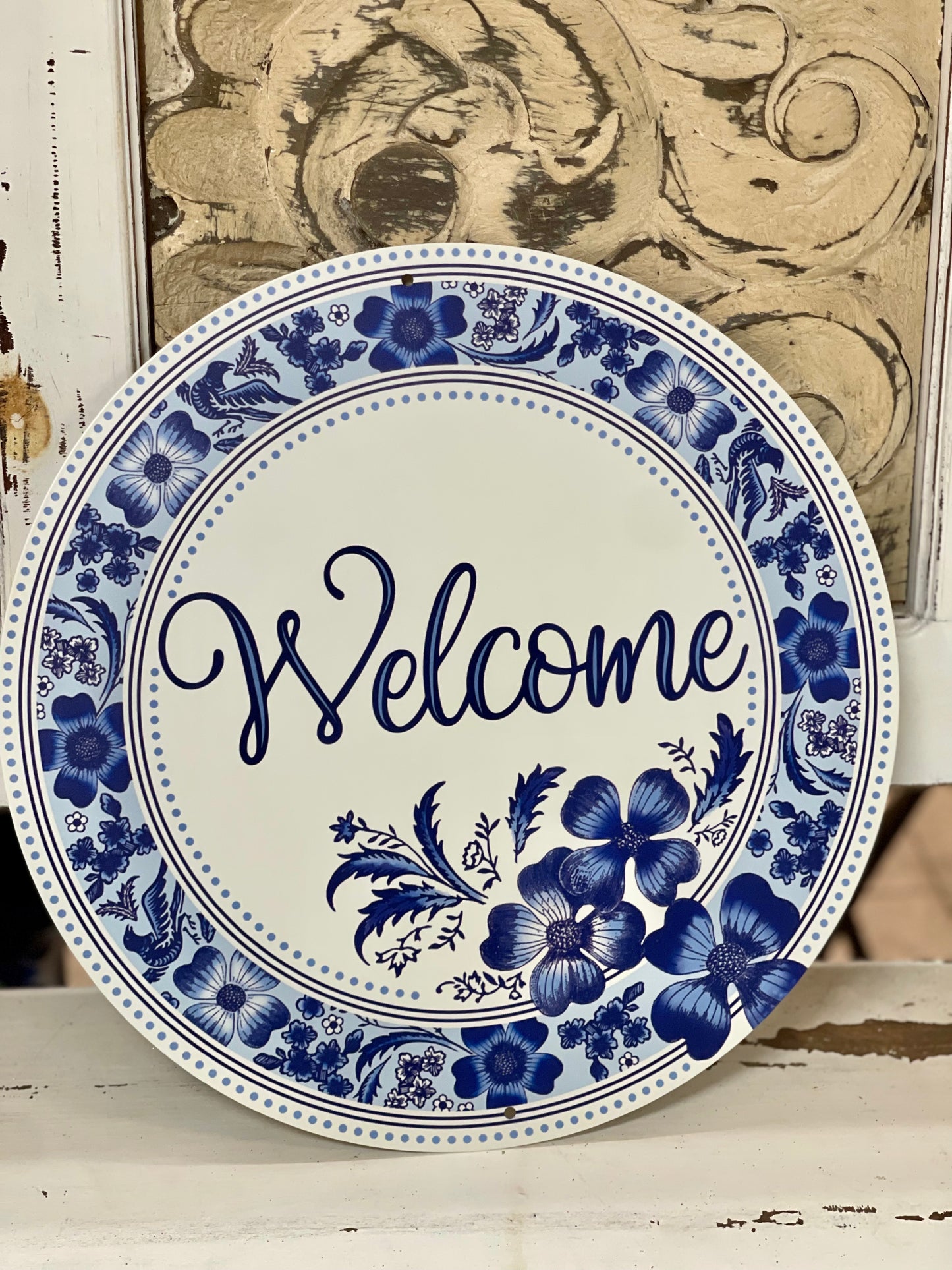 12 Inch Welcome Blue Watercolor Floral Metal Sign