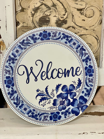 12 Inch Welcome Blue Watercolor Floral Metal Sign