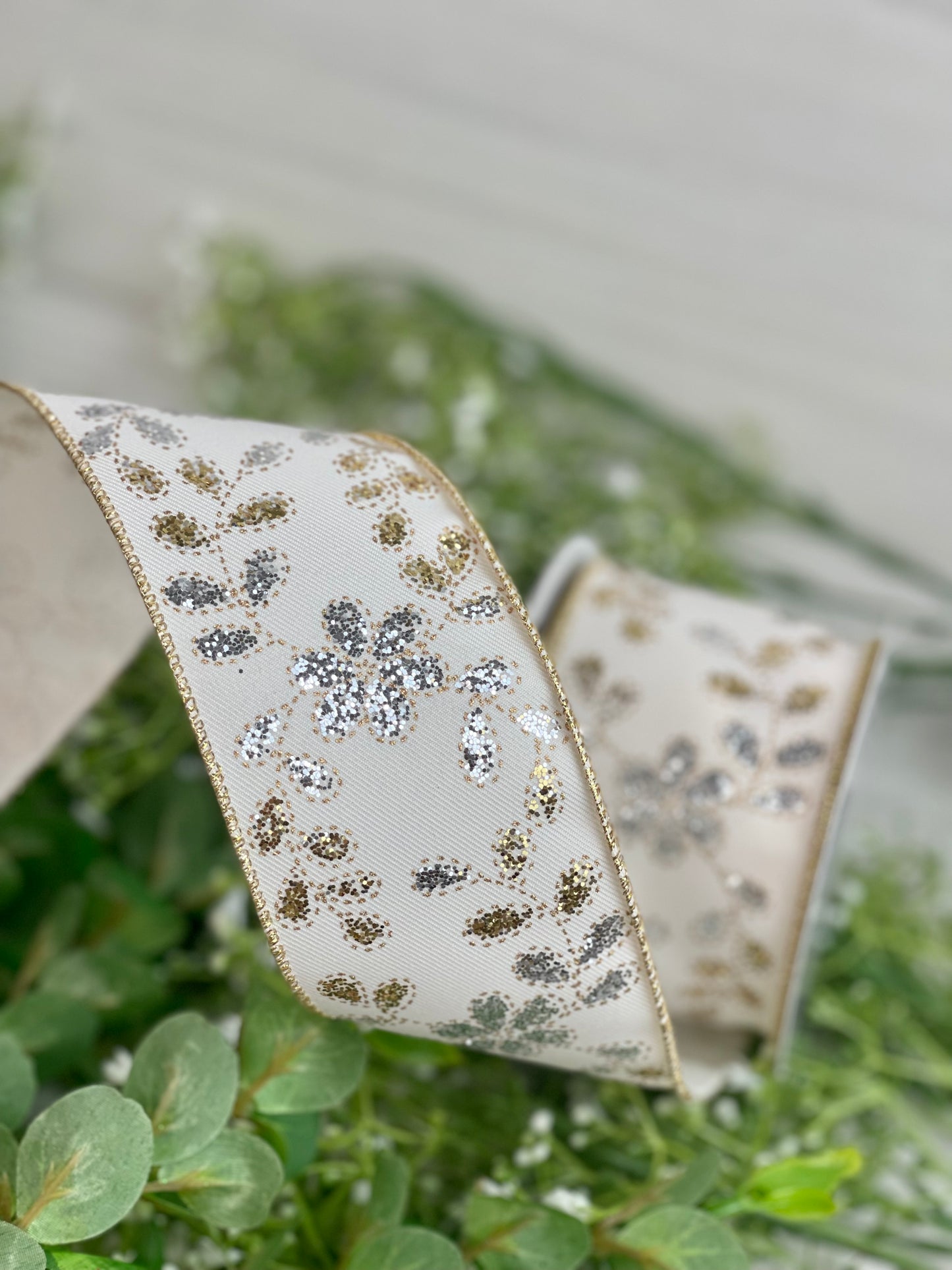2.5 Inch By 10 Yard Gold And Silver Leaves With Flowers Ribbon
