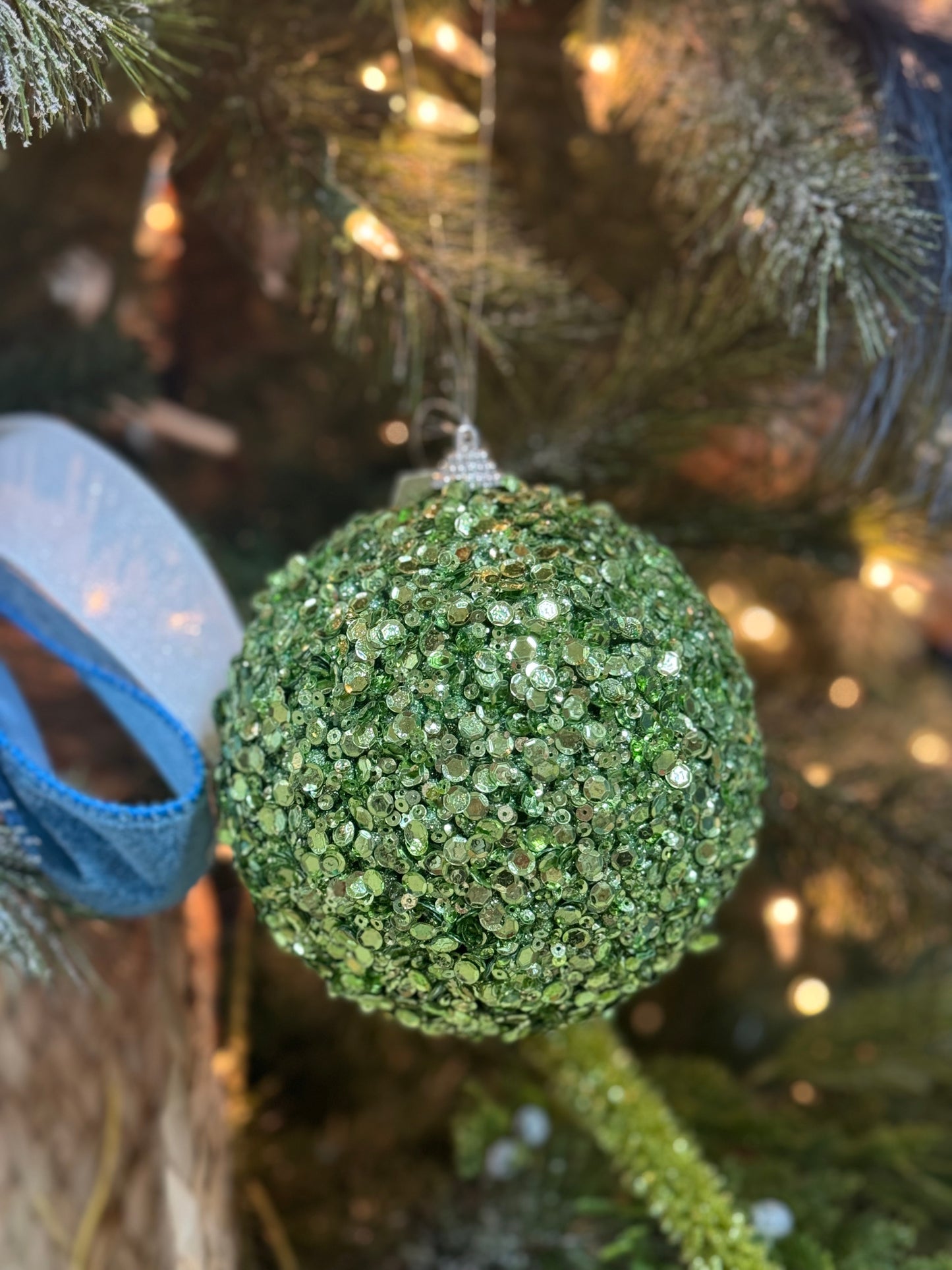 4.75 Inch Soft Green Glitter Sequin Ornament Ball