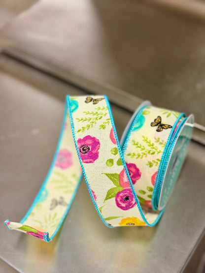 1.5 Inch By 10 Yard Wildflowers And Butterfly Cream Ribbon