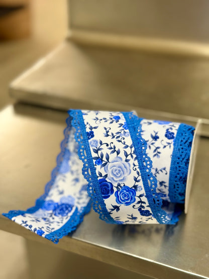 2.5 Inch By 10 Yard White Blue Mini Rose Lace Ribbon