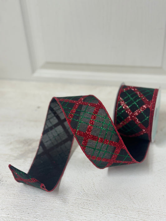 2.5 Inch By 10 Yard Black Red And Emerald Green Diagonal Plaid Ribbon