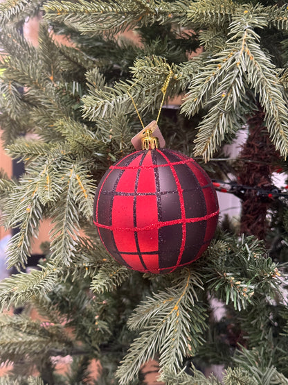 4 Inch Red And Black Plaid Ornament Ball