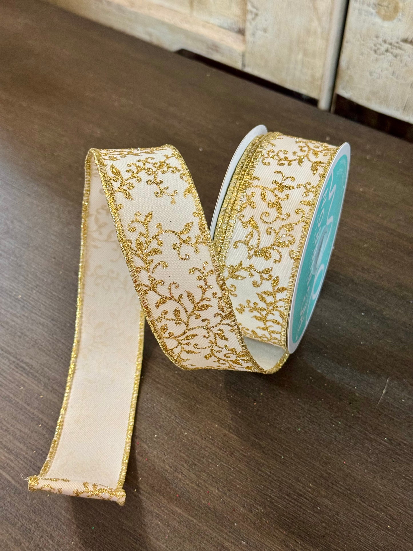 1.5 Inch By 10 Yard Ivory And Gold Mini Leaf Vines Ribbon