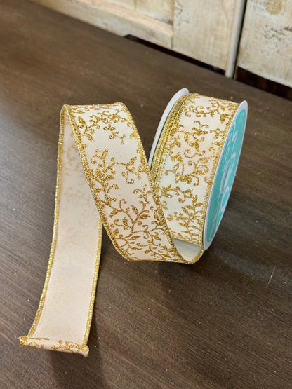 1.5 Inch By 10 Yard Ivory And Gold Mini Leaf Vines Ribbon