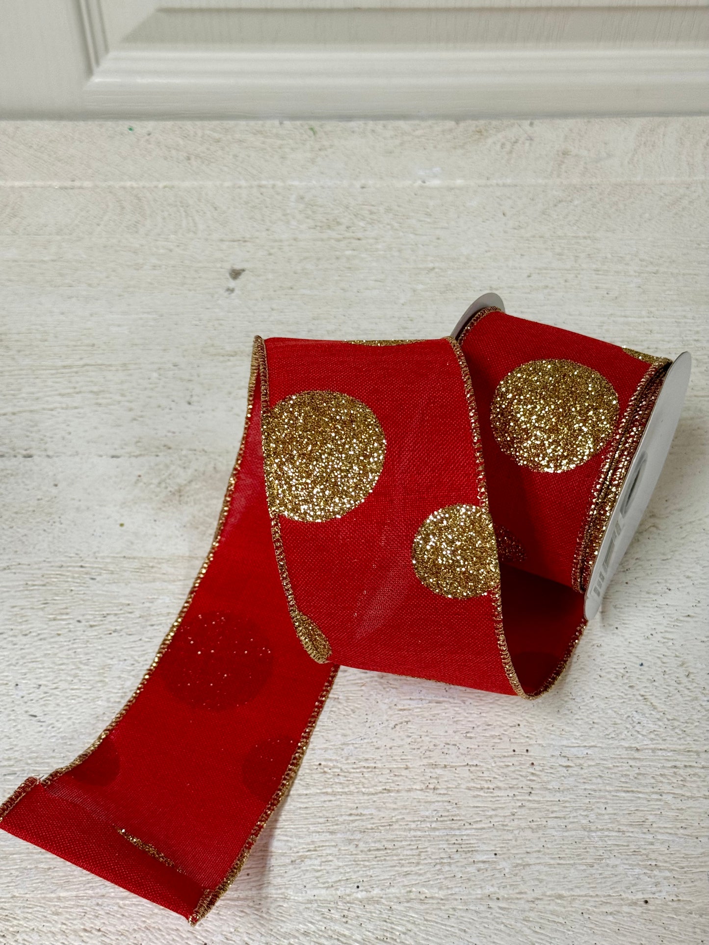 2.5 Inch By 10 Yard Gold And Red Polka Dot Ribbon