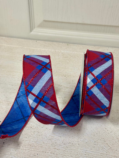 1.5 Inch By 10 Yard Red Royal Blue And White Glitter Plaid Ribbon