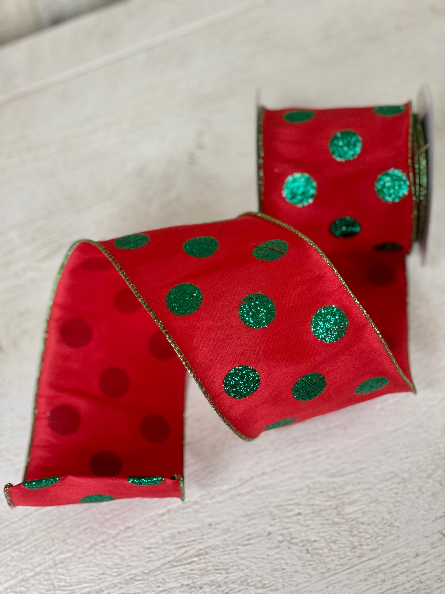 4 Inch By 10 Yard Red Dupioni With Green Glitter Polka Dots Ribbon