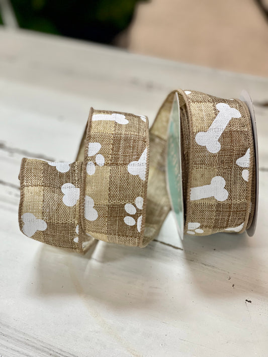 1.5 Inch By 10 Yard Pawprints And Bones Cream Woven Check Ribbon