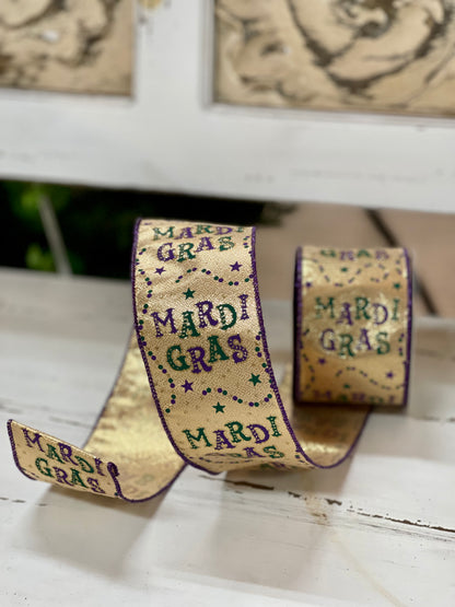 2.5 Inch By 10 Yard Mardi Gras With Beads Ribbon