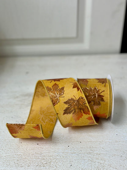 2.5 Inch By 10 Yard Mustard Background With Copper Maple Leaves Ribbon