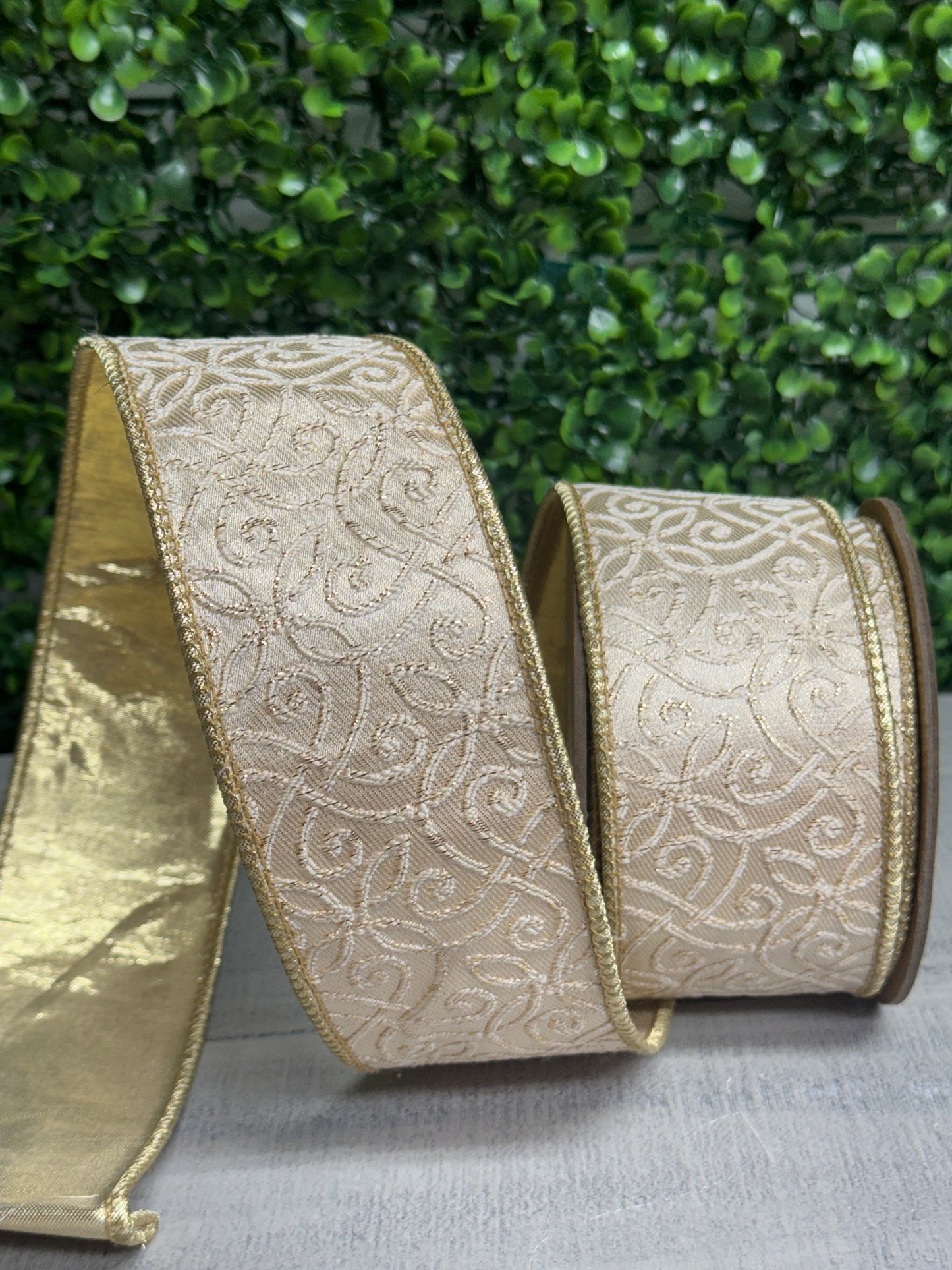 2.5 Inch By 10 Yard Ivory With Gold Jacquard Fused Backing Ribbon