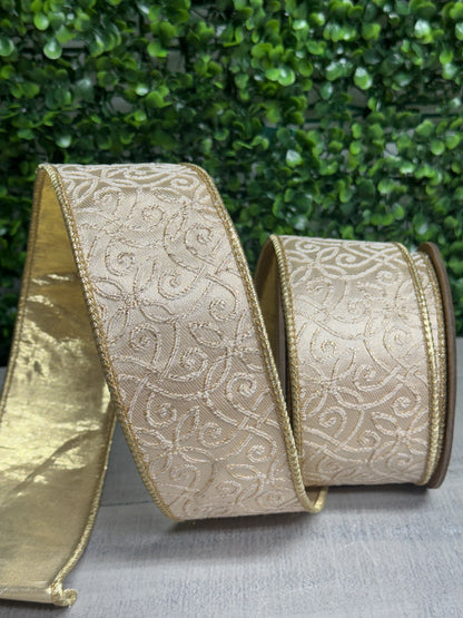 2.5 Inch By 10 Yard Ivory With Gold Jacquard Fused Backing Ribbon