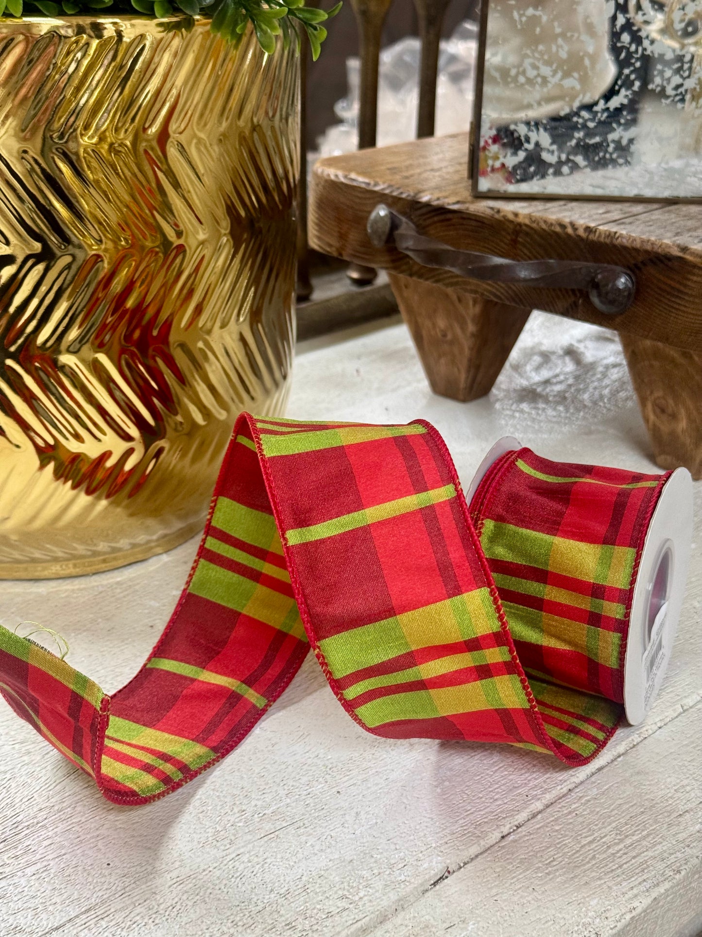2.5 Inch By 10 Yard Red Green Christmas Dupioni Plaid Ribbon