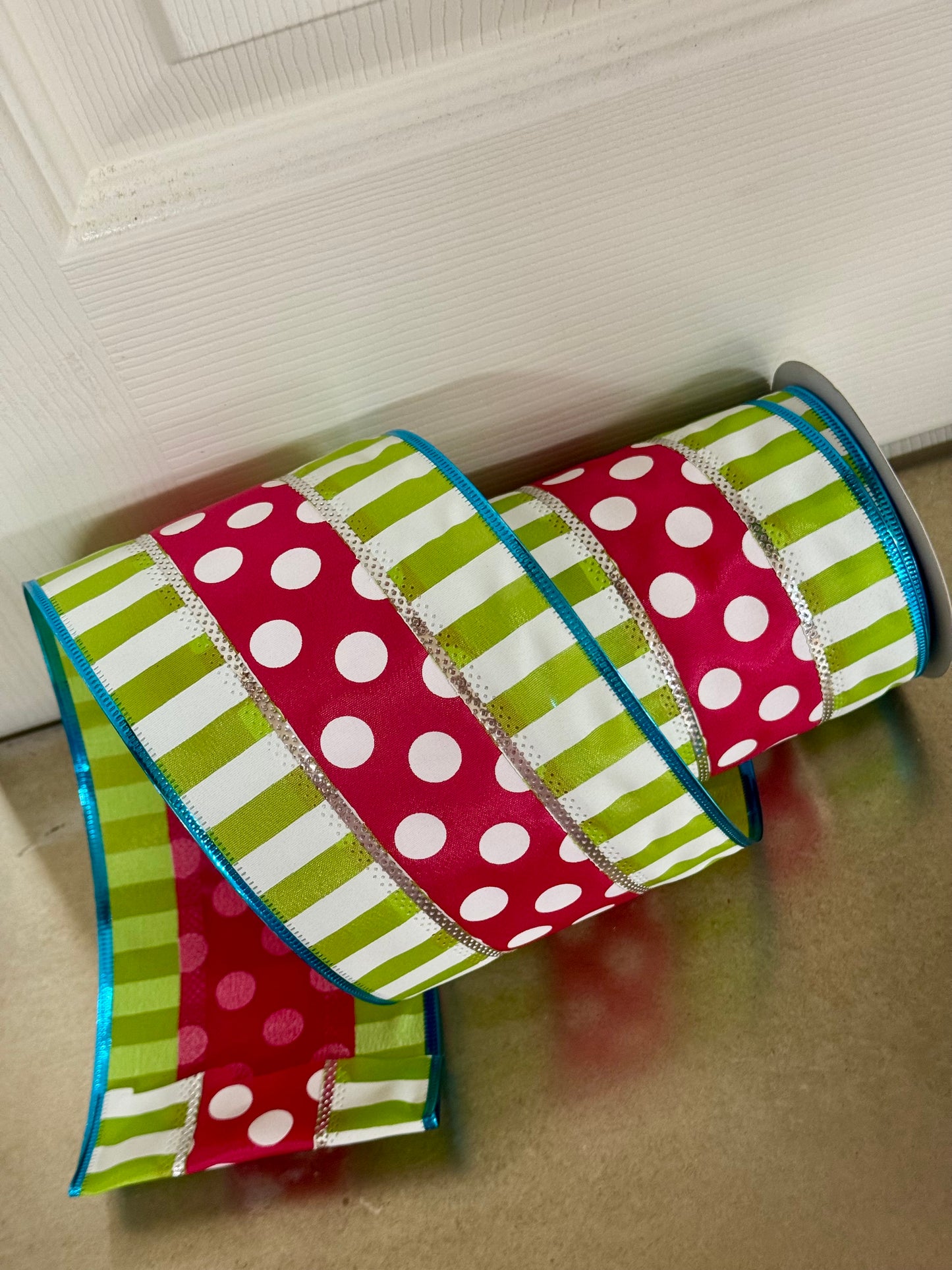 4 Inch By 10 Yard Hot Pink Lime Polka Dot With Stripes Ribbon