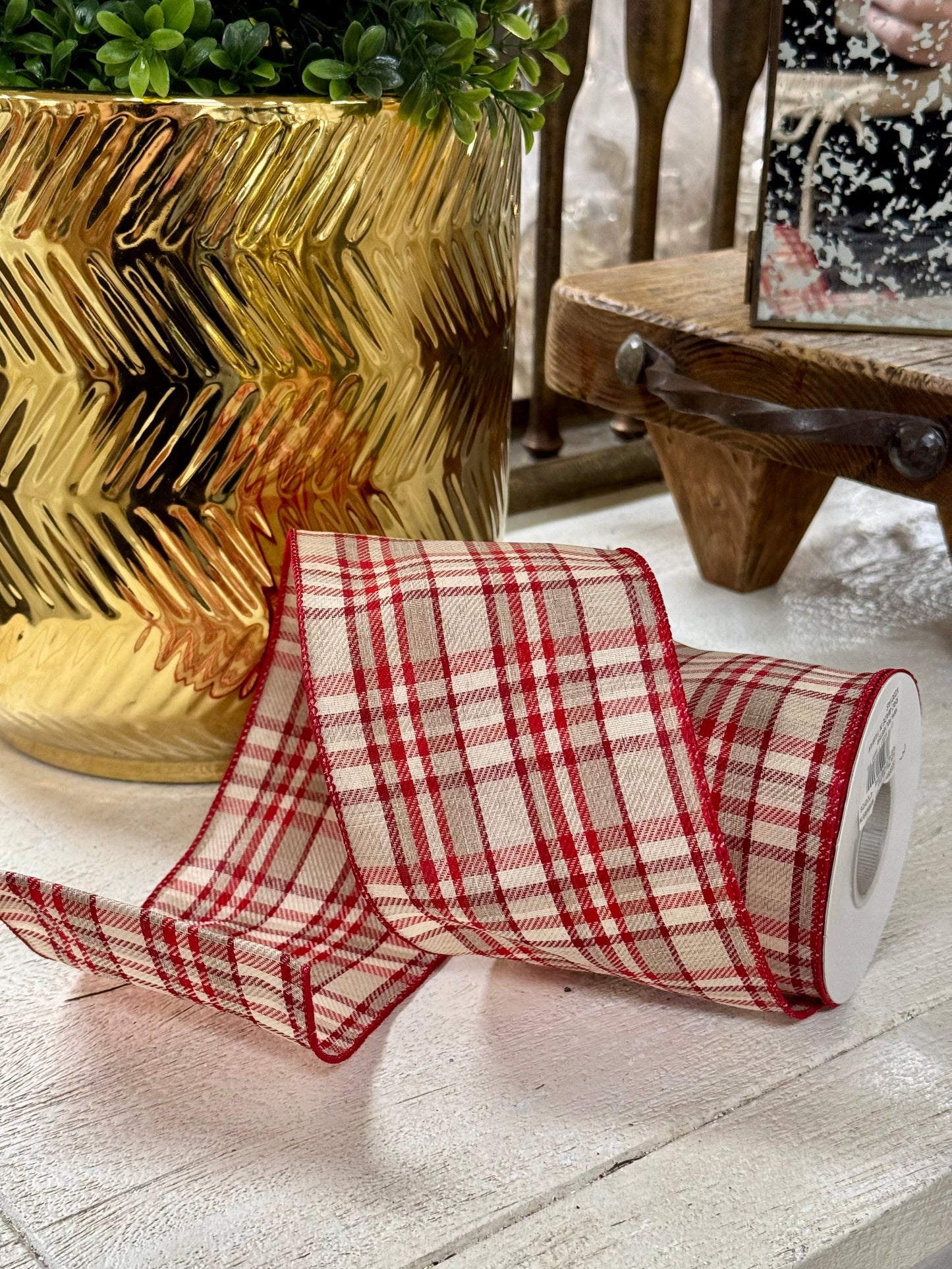 4 Inch By 10 Yard Natural And Red Holiday Plaid Ribbon