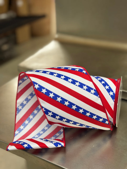 4 Inch By 10 Yard Diagonal Stripes With Stars Ribbon