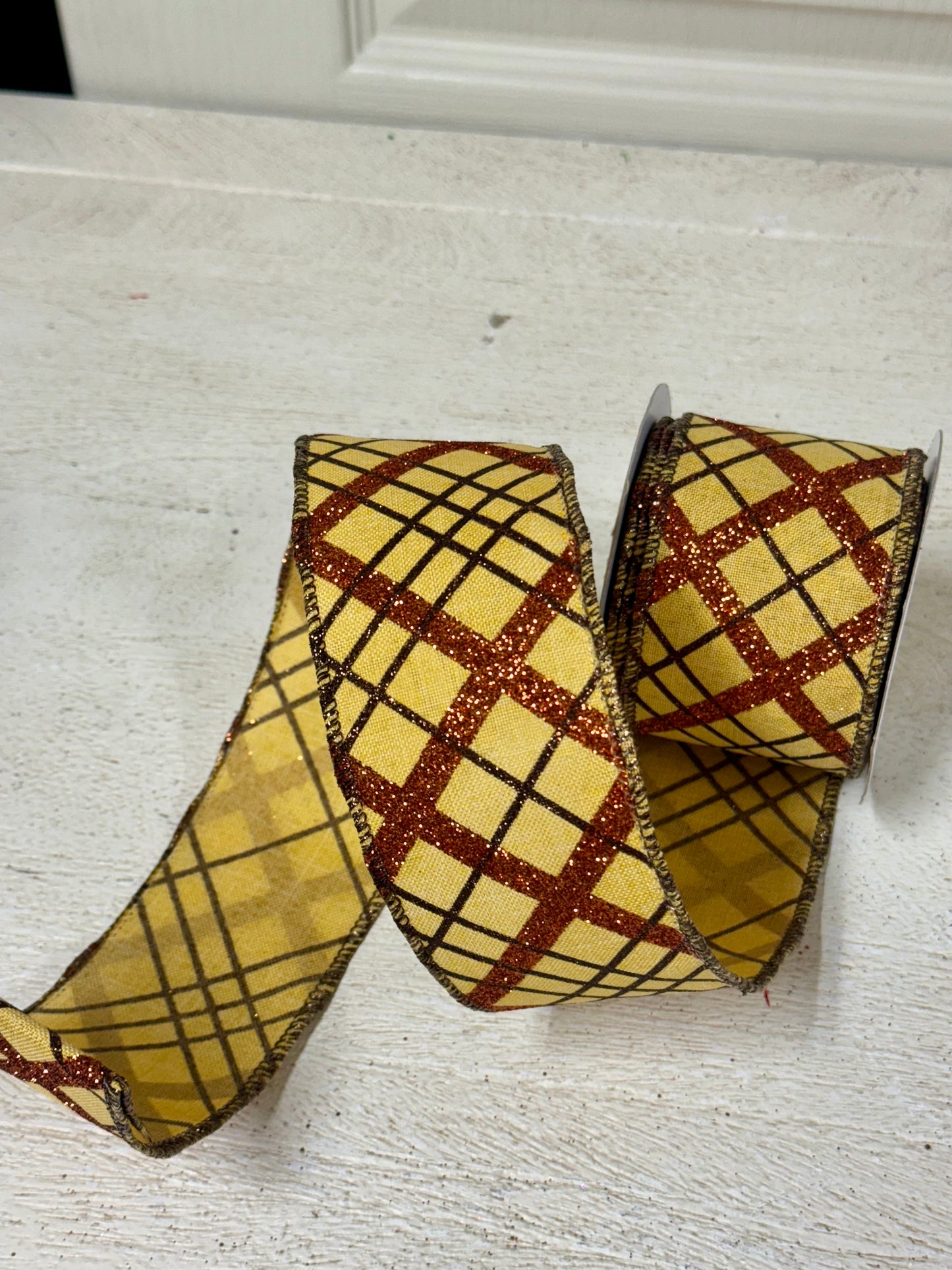 2.5 Inch By 10 Yard Mustard Copper And Brown Glitter Diagonal Plaid Ribbon