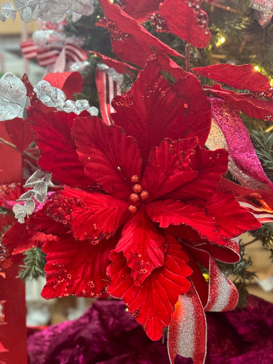 19 Inch Jumbo Red Velvet Poinsettia Spray