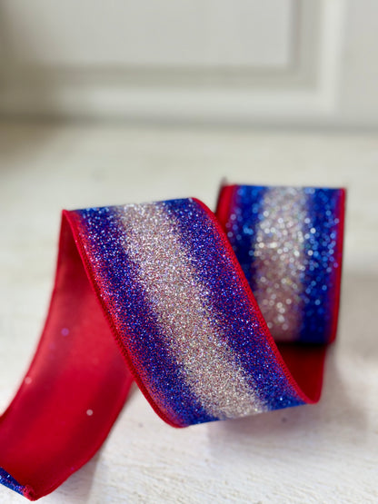 2.5 Inch By 10 Yard Red Royal Blue And Silver Gradient Glitter Ribbon