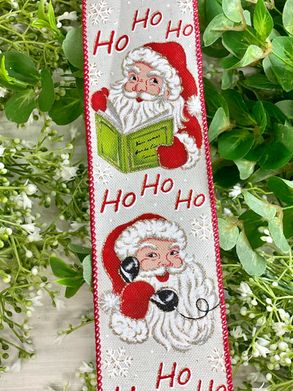 2.5 Inch By 10 Yard Santa Reading A Book And On The Telephone Detailed Ribbon
