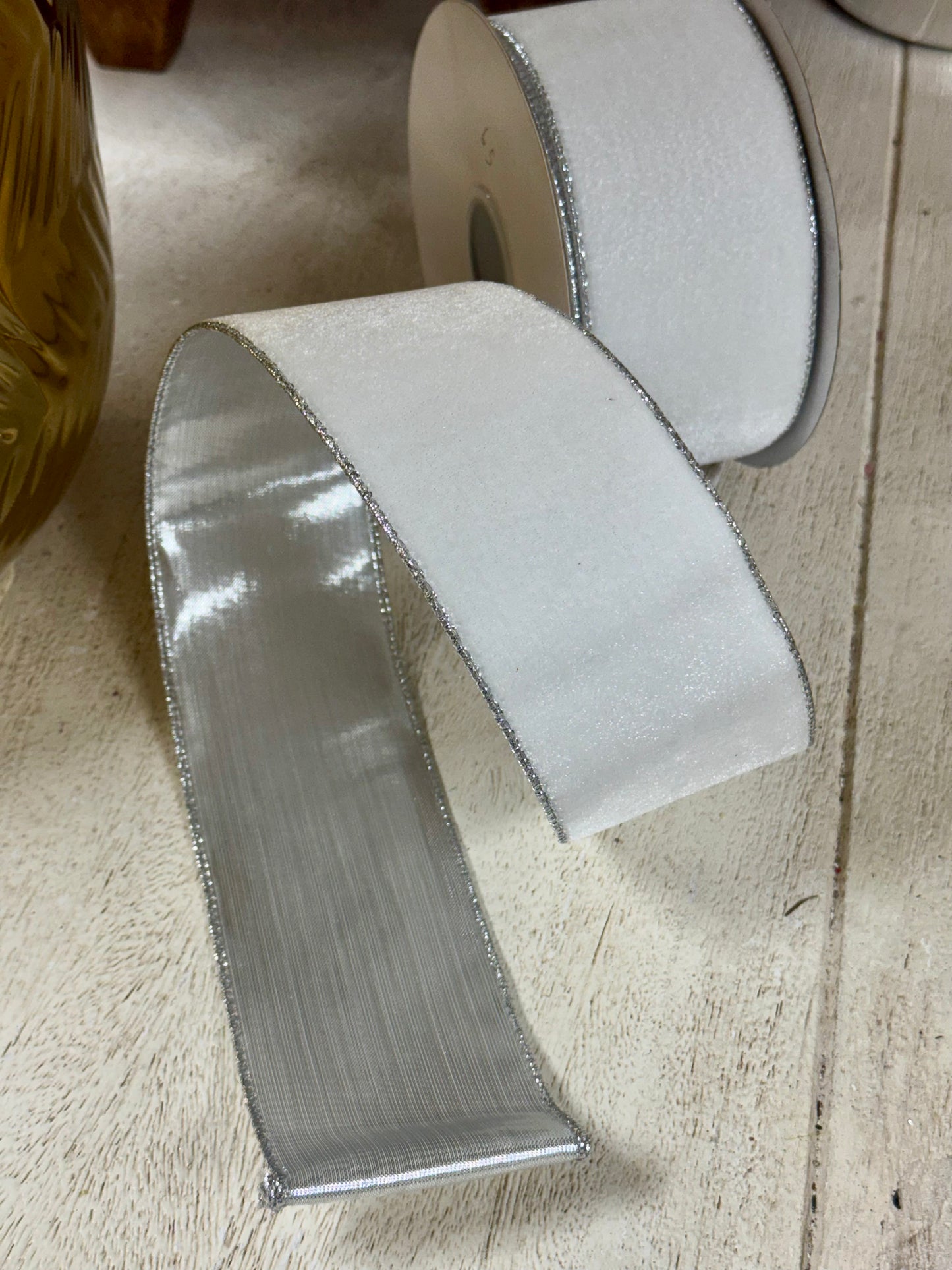 2.5 Inch By 10 Yard White And Silver Velvet Metallic Backing Ribbon