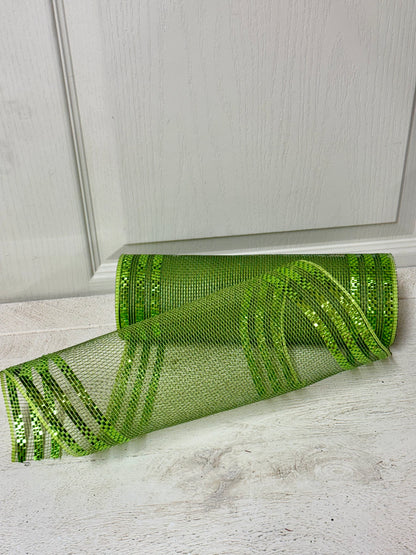 10 Inch By 10 Yard Apple And Moss Green Border Stripe Metallic Mesh