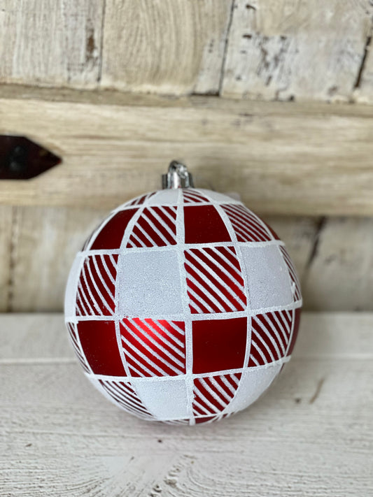 Red And White Striped Check Ornament Ball