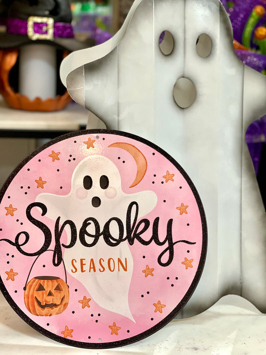 Spooky Season Pink Ghost Metal Round Sign