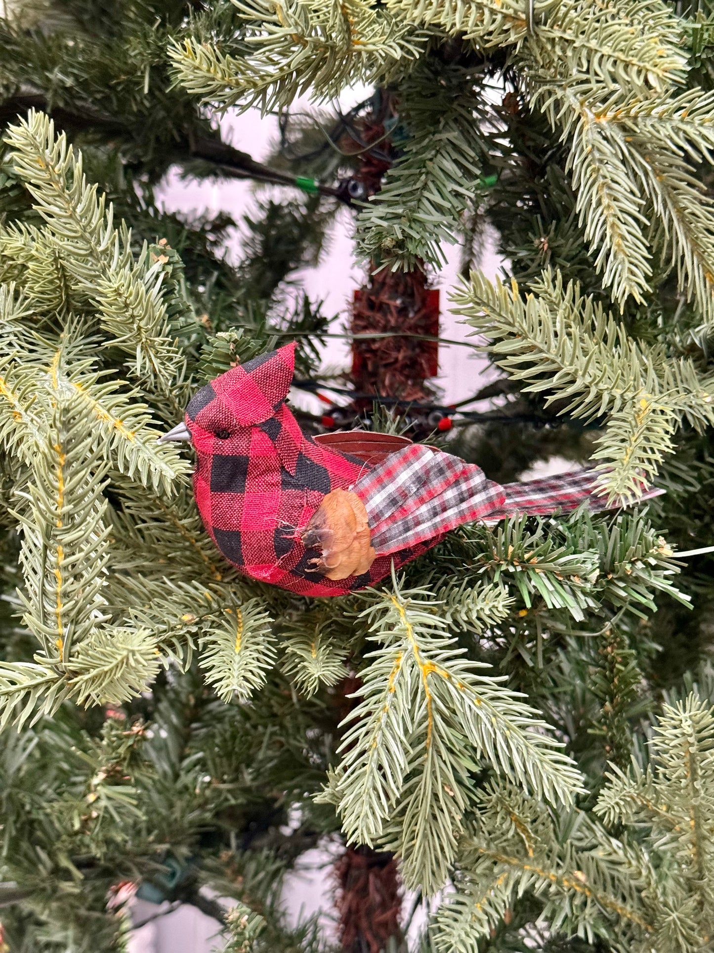 7 Inch Red Black Plaid Cardinal On Wire