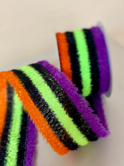 2.5 Inch By 10 Yard Black Green Orange And Purple Fuzzy Striped Ribbon