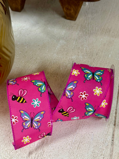 2.5 Inch By 10 Yard Fuchsia Butterfly And Bees Ribbon