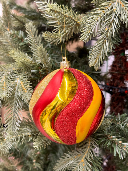 4 Inch Red And Gold Swirl Stripe Ornament Ball