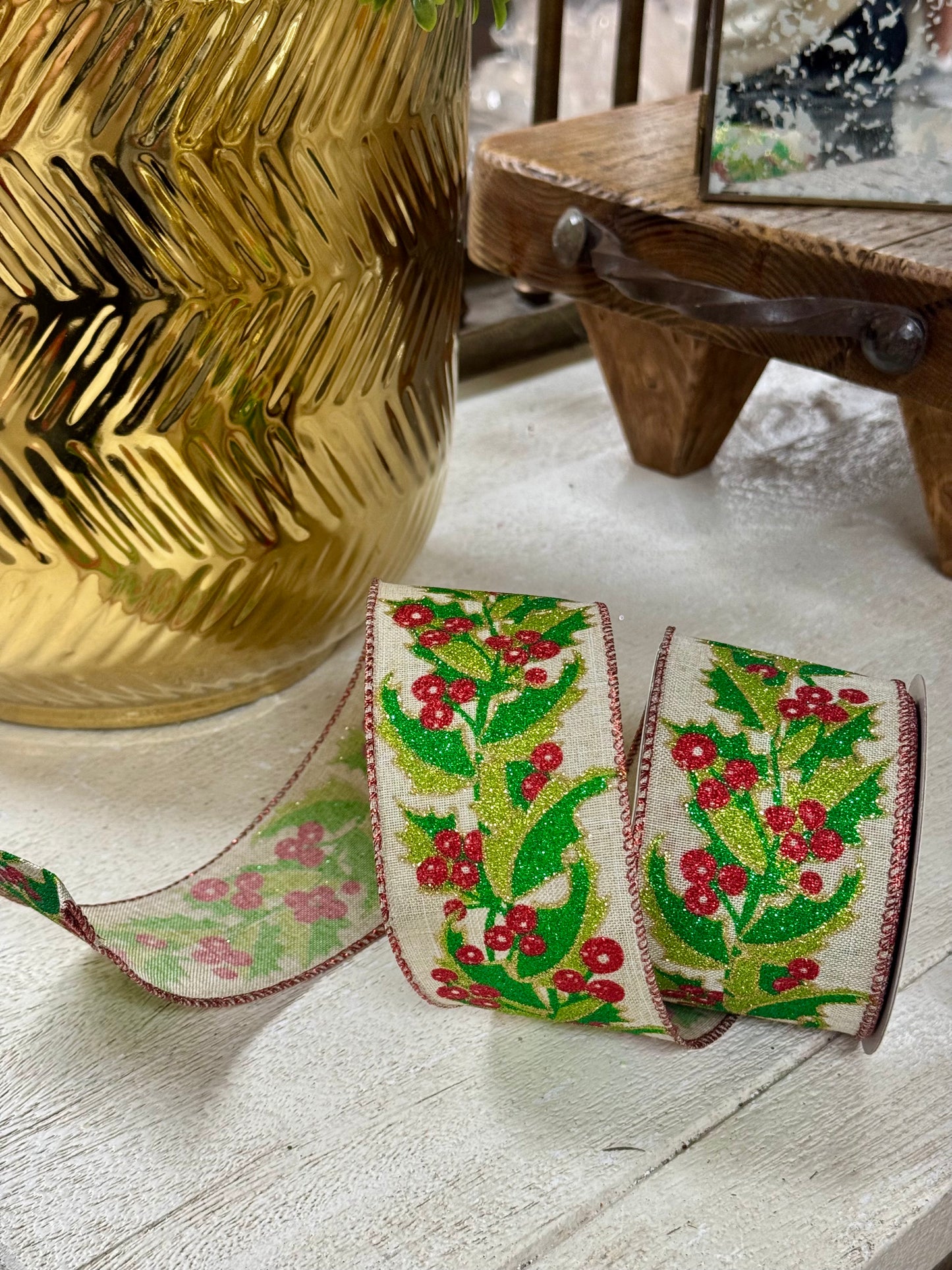 2.5 Inch By 10 Yard Red And Green Holly Berry Glitter Ribbon