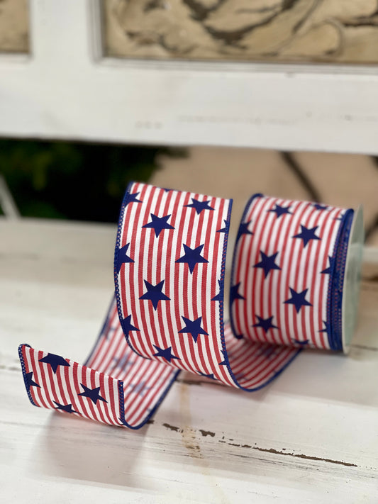 2.5 Inch By 10 Yard Red And White Stripe With Navy Stars Ribbon