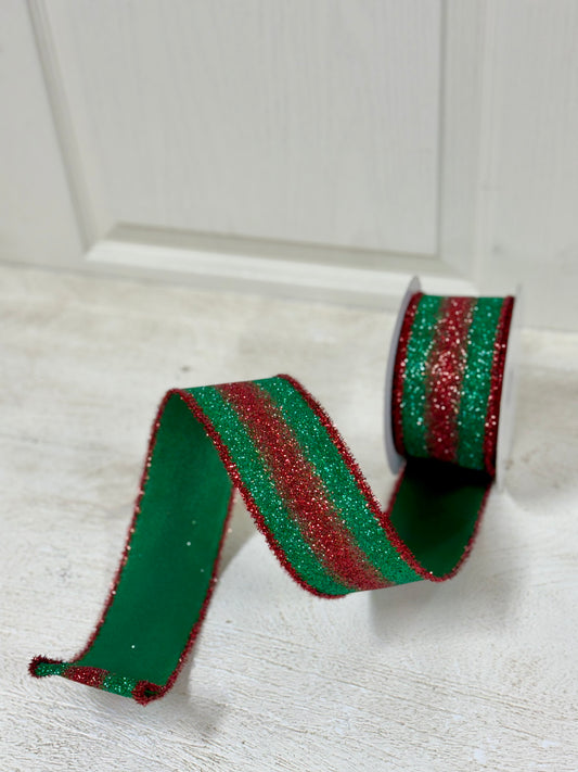 2.5 Inch By 10 Yard Red And Emerald Gradient Glitter Ribbon With Red Tinsel Edging