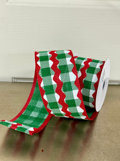 2.5 Inch By 10 Yard Emerald And Red Ric Rac On Plaid Ribbon