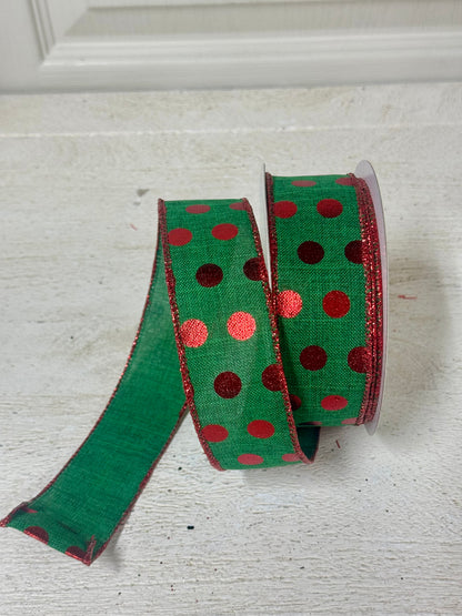 1.5 Inch By 10 Yard Emerald Green And Red Polka Dot Ribbon