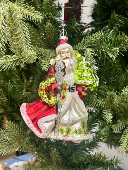 7.25 Inch Red White And Green Santa Claus Glass Ornament