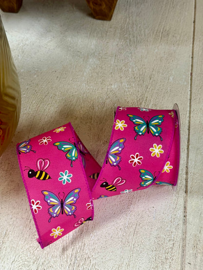 2.5 Inch By 10 Yard Fuchsia Butterfly And Bees Ribbon