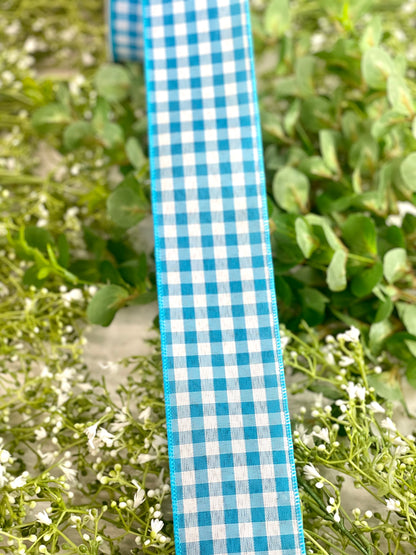 2.5 Inch By 50 Yard Blue And White Woven Gingham Check Ribbon