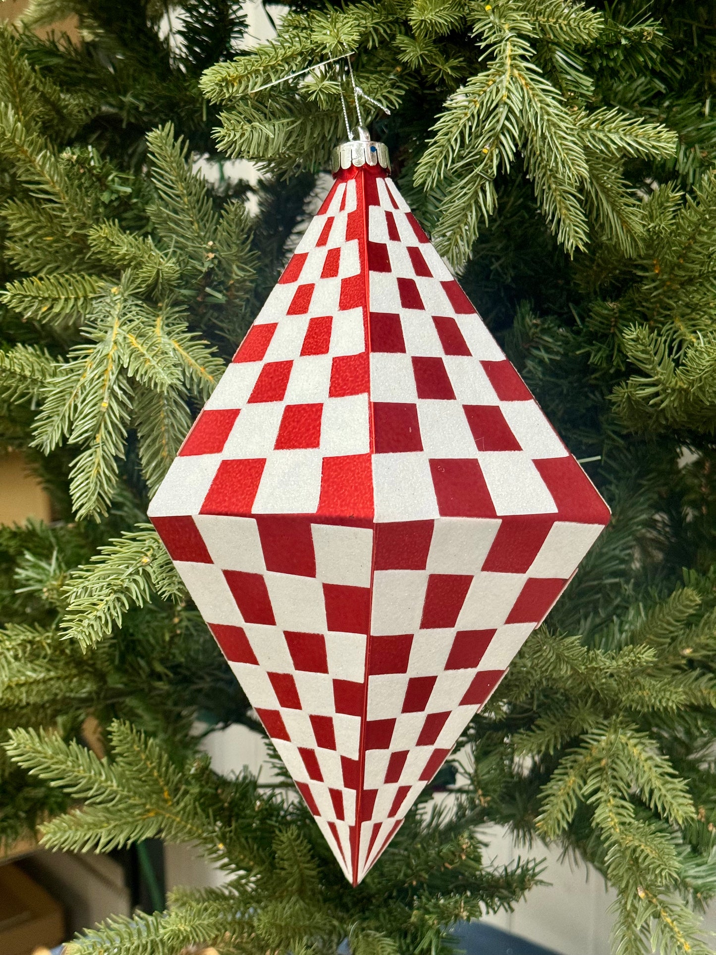 12.5 Inch Red And White Check Pentagon Ornament