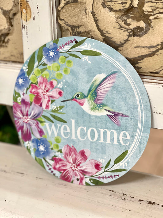 8 Inch Welcome Hummingbird And Floral Metal Sign